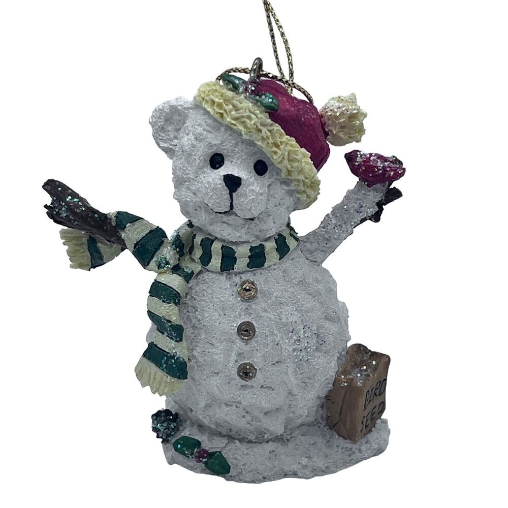 Christmas Ornament Bear Snowman with Bird & Seed Bag - Textured, Red Hat, Scarf